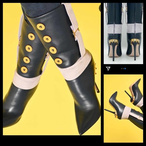 Italian Leather Boots 10 Knee High‎ Swarovski Gold Crown Quite Luxury Blue $1288 - Picture 2 of 16